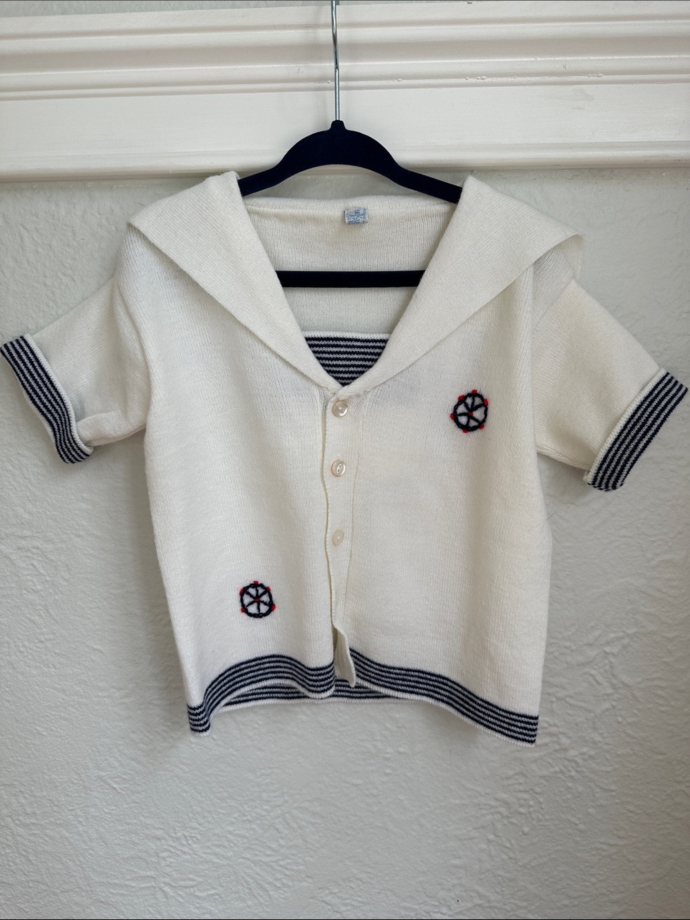 Vintage Cream Sailor-Style Knit Button-Up Top for Kids
